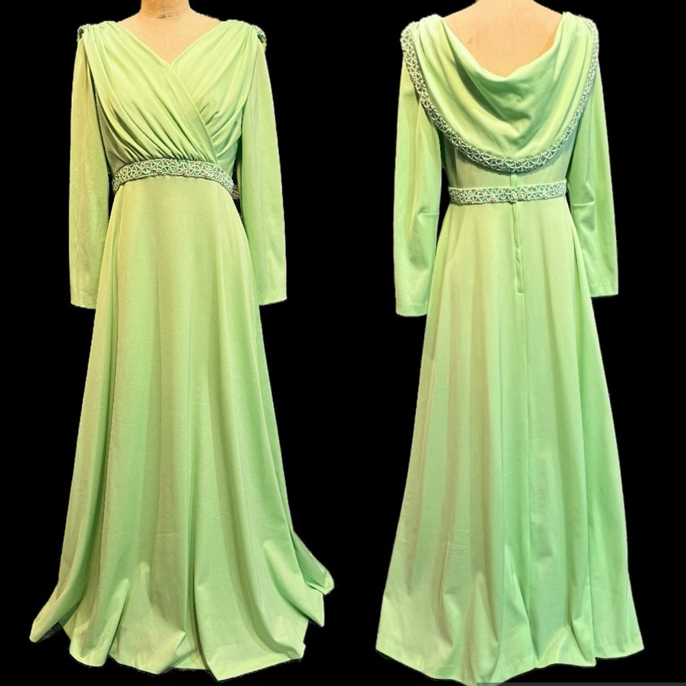 VINTAGE 60s 70s pistachio mint full length maxi gown formal dress beaded MCM‎
